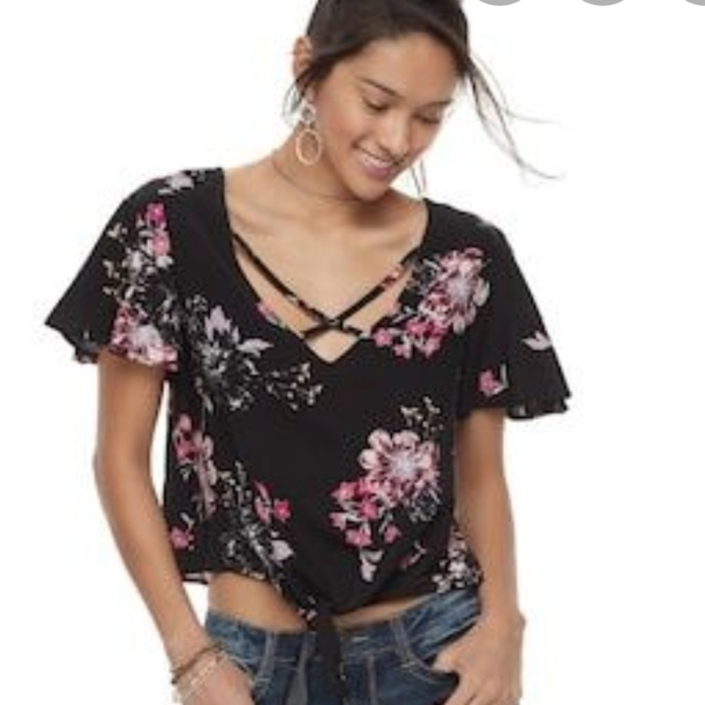 Floral Crop Top Tie Front Blouse